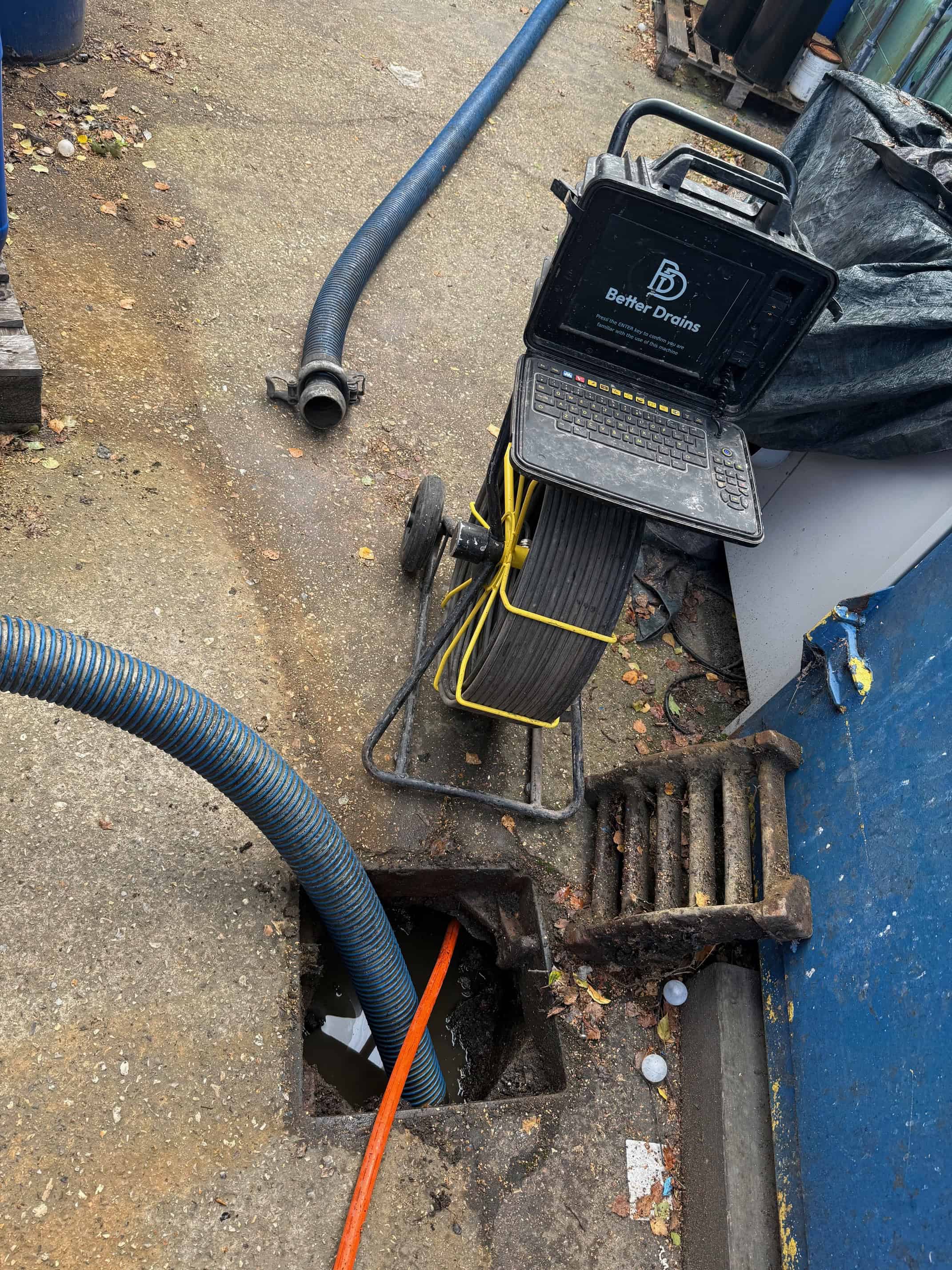 Inspection of blocked drain using specialized camera equipment.