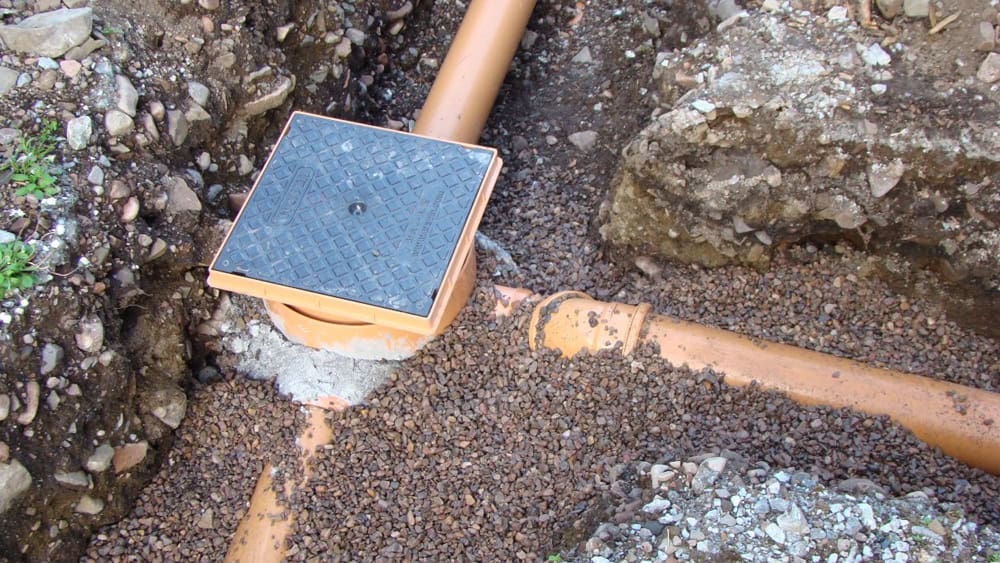 Drainage system with access cover for underground water management.